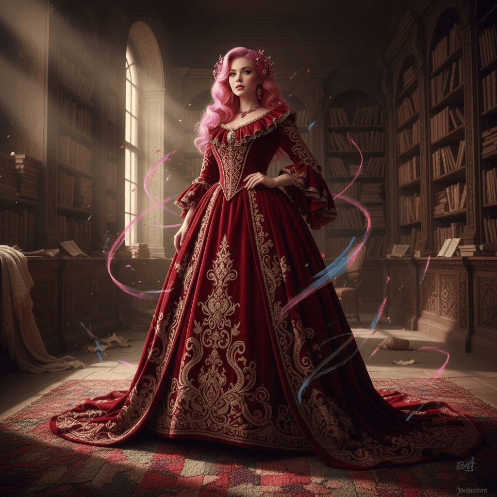 この女性の髪をピンクに、ではなく、女王の髪をと指定したために画像自体を変えられてしまった。